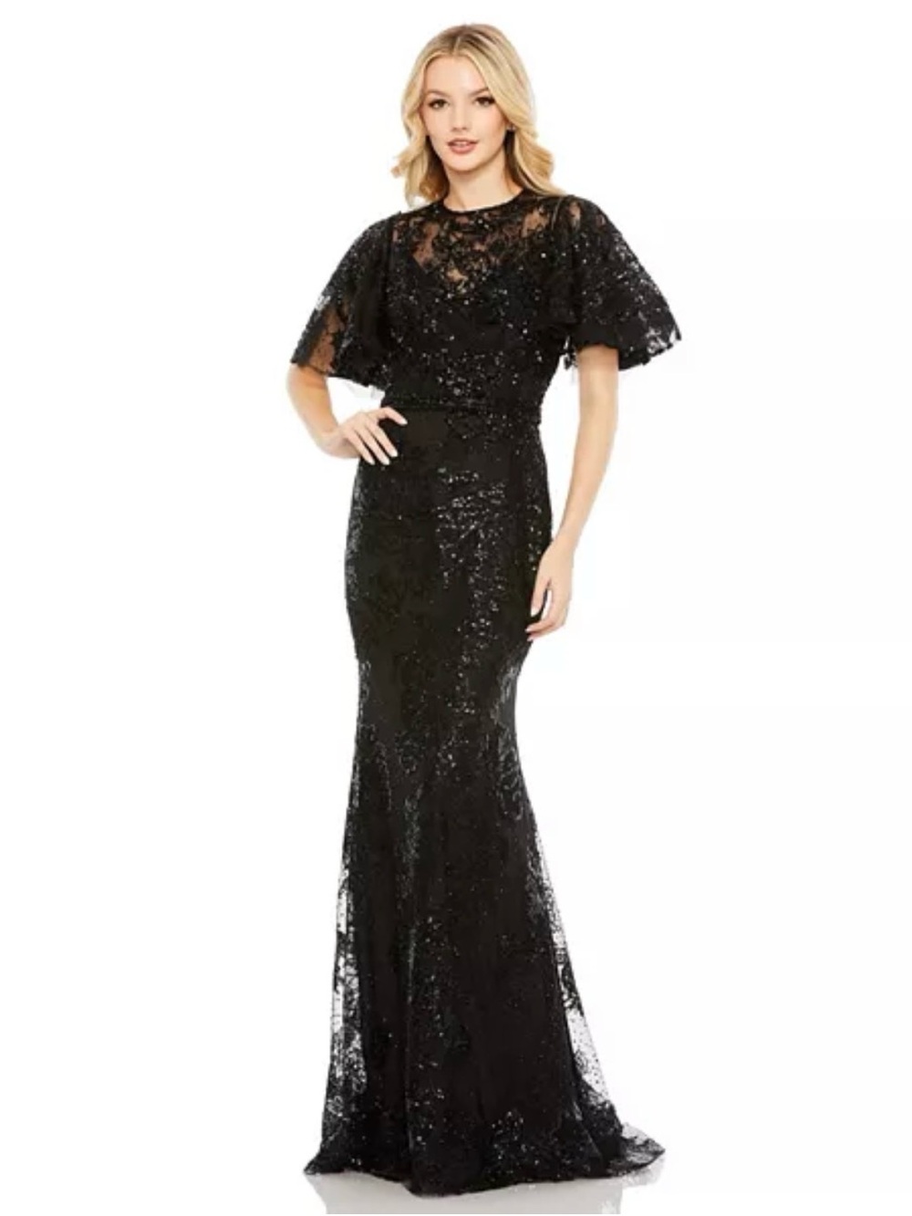 Mac Duggal Black Lace Sequin Mermaid Gown with Cape Sleeves